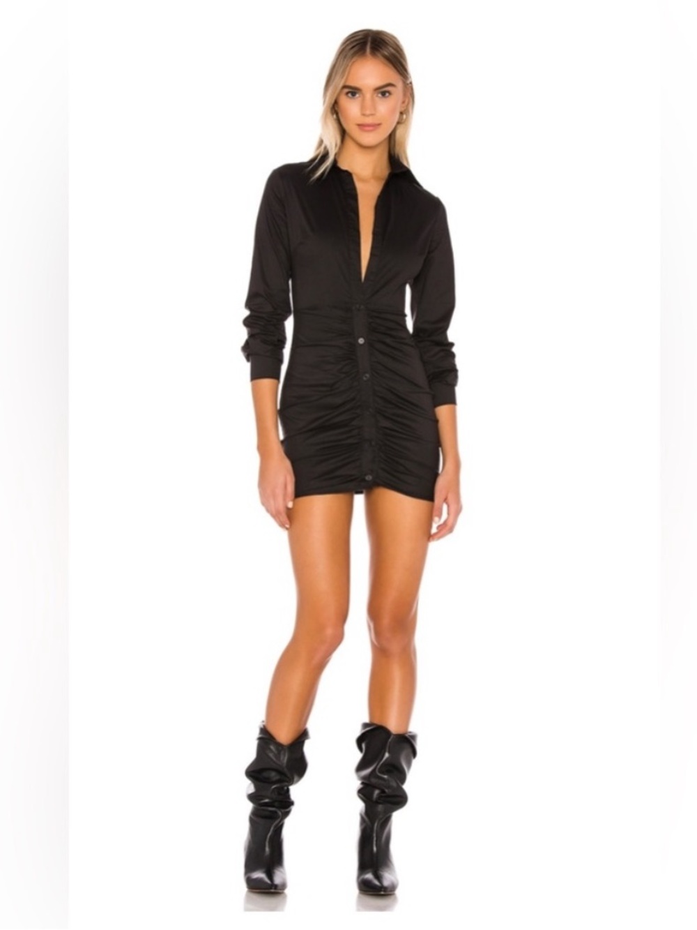 Superdown Colette Ruched Shirt Dress Black Size Small